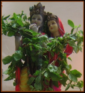 Lord Krishna marble idol decorated with Tulsi.